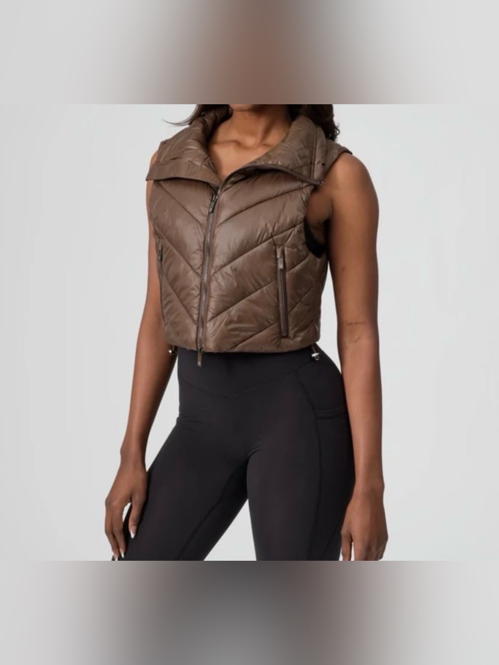 BuffBunny Cinch Waist Puffer Vest Brown Cropped Quilted Zip Up Adjustable S